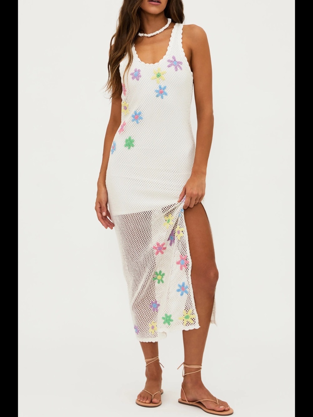 Beach Riot Diana Mesh Midi Dress Womens XS White Floral Crochet Open Knit Boho